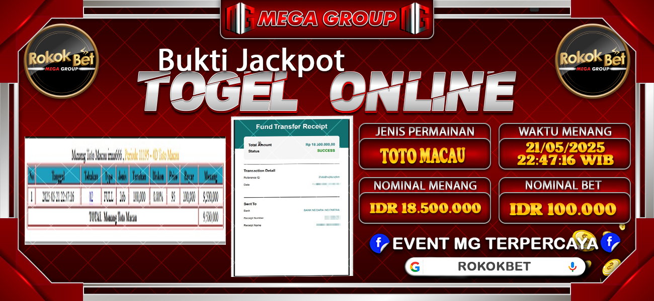 Bukti JP situs Rokokbet hari Kamis, 22 Mei 2025