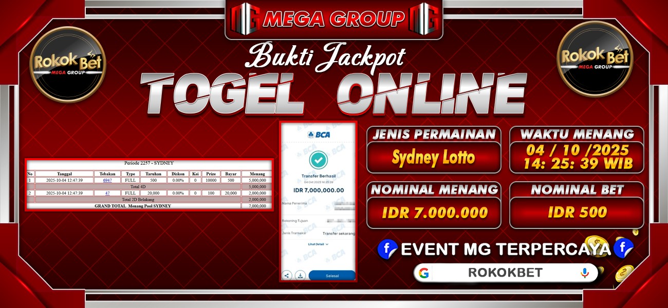 Bukti JP situs Rokokbet hari Sabtu, 04 Oktober 2025