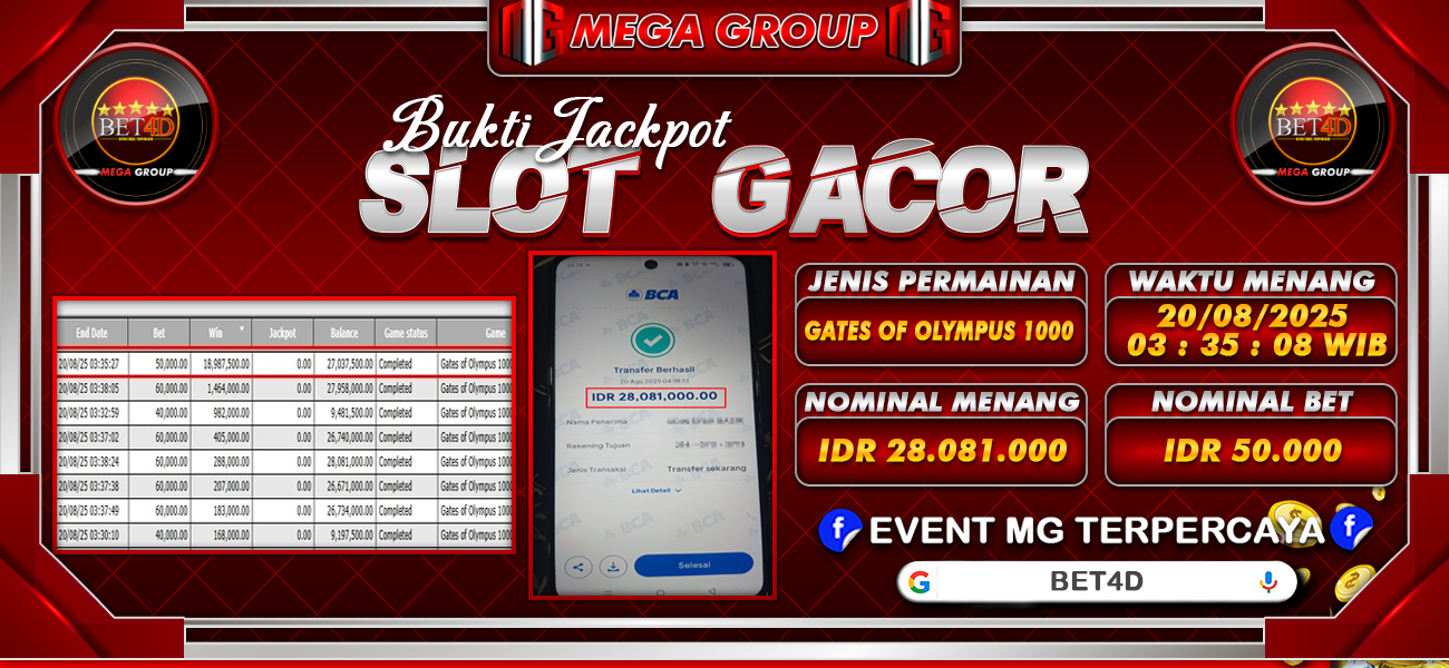 Bukti JP situs Bet4D hari Rabu, 20 Agustus 2025