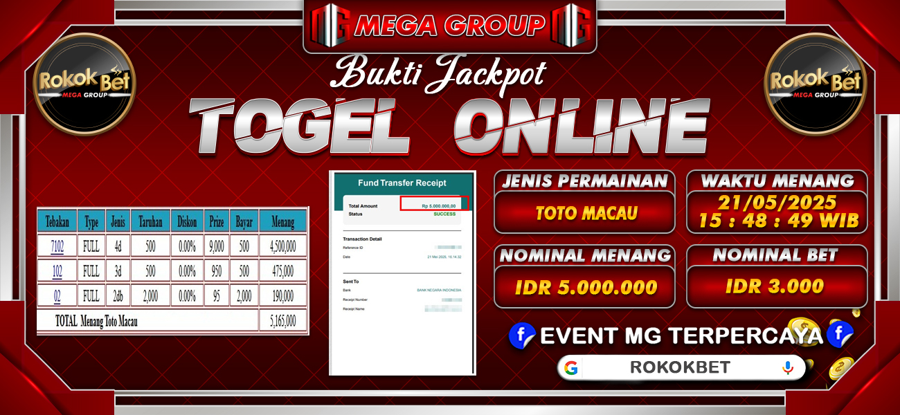 Bukti JP situs Rokokbet hari Rabu, 21 Mei 2025