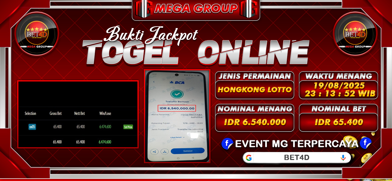 Bukti JP situs Bet4D hari Rabu, 20 Agustus 2025
