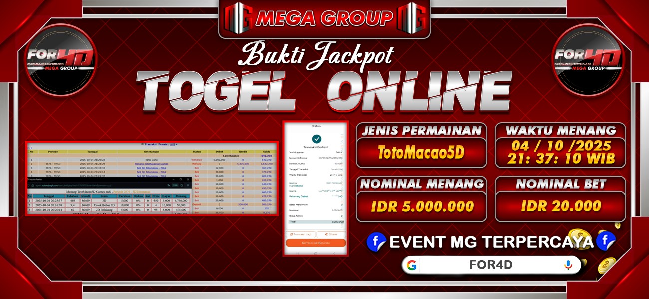 Bukti JP situs For4D hari Sabtu, 04 Oktober 2025