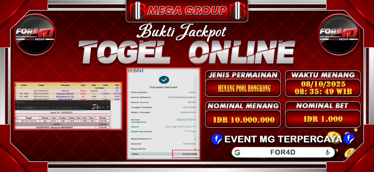 Bukti JP situs For4D hari Rabu, 08 Oktober 2025